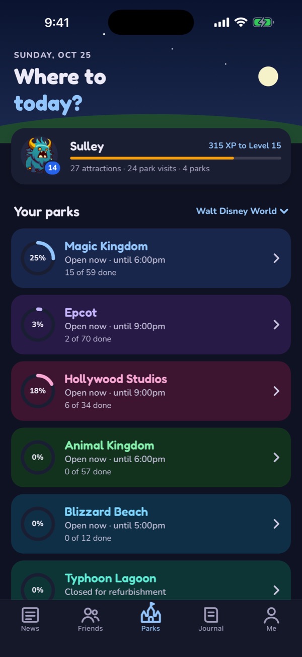 The Parks tab in dark mode, with a moon and stars