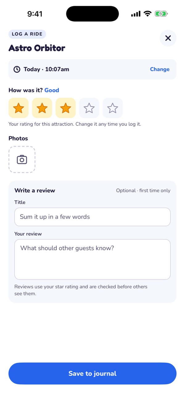 Quick log: date, star rating, photos and a review in one place