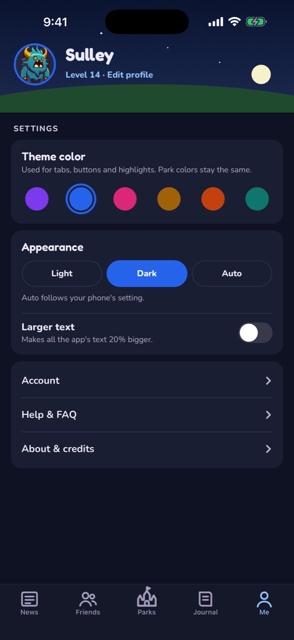 Me tab settings in dark mode