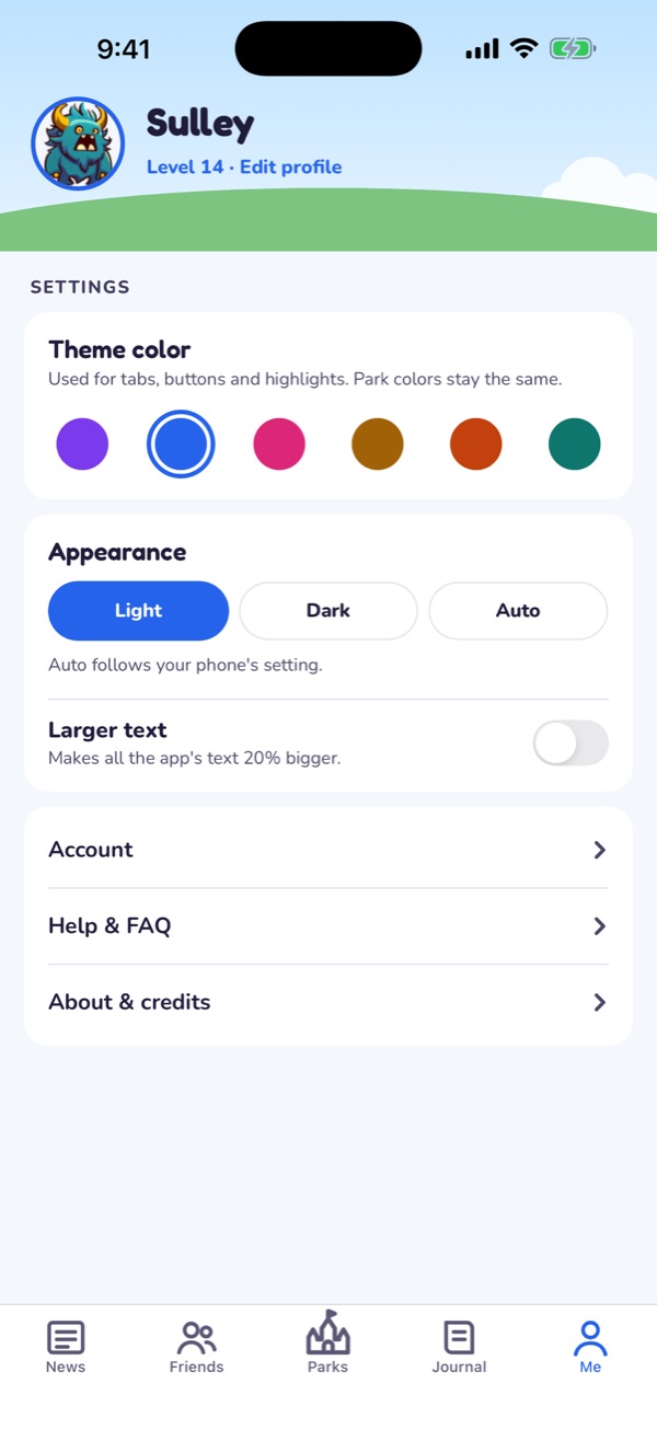 Me tab: theme color, Light, Dark or Auto appearance, and Larger text