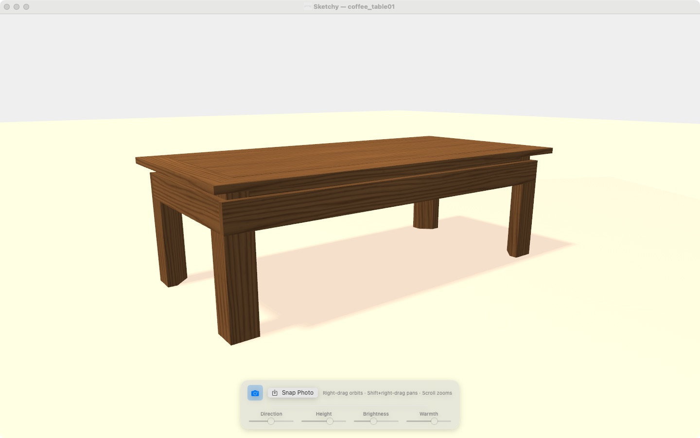 A coffee table in photo mode, with wood grain and lighting